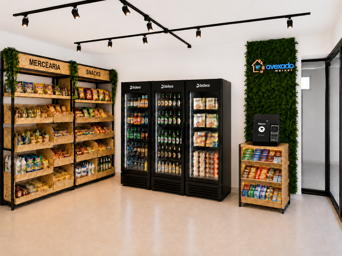 Mercearia e geladeiras Avexado Market com painel verde e logo