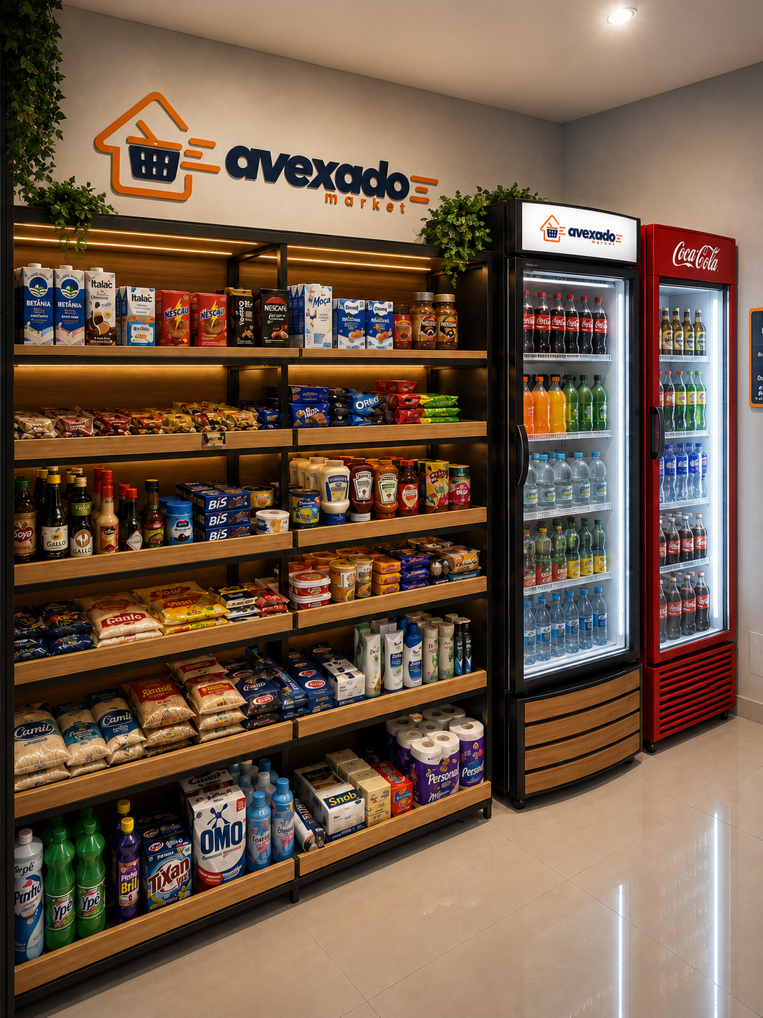 Modelo de loja Avexado Market com prateleiras de produtos e geladeiras