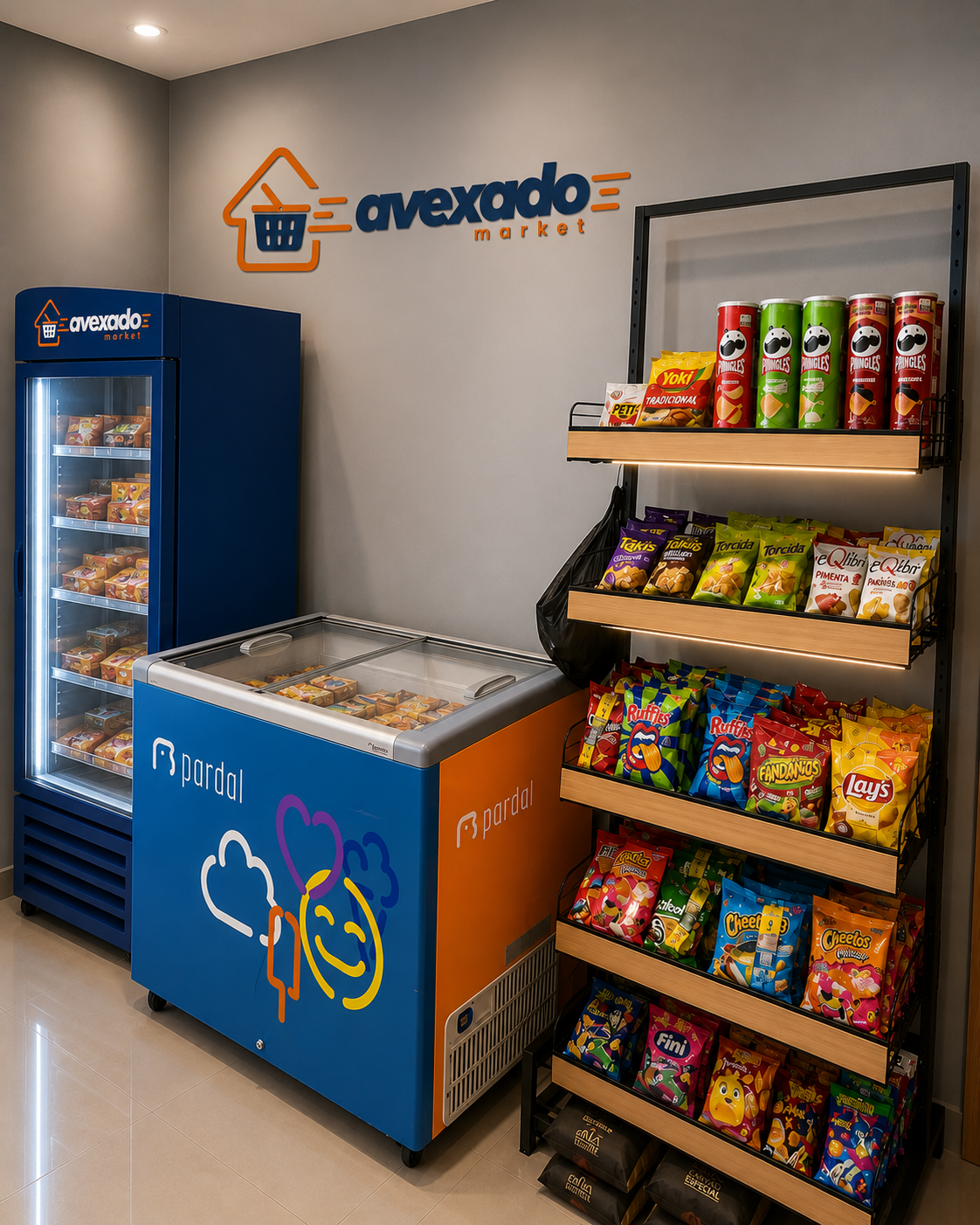 Modelo de loja Avexado Market com freezer e expositor de salgadinhos